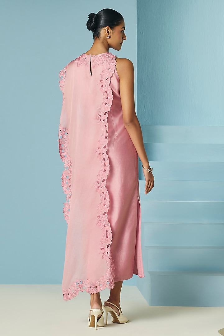 Blush Pink Chanderi Floral Applique & Beadwork Cocktail Dress by Chandrima at Pernia's Pop Up Shop