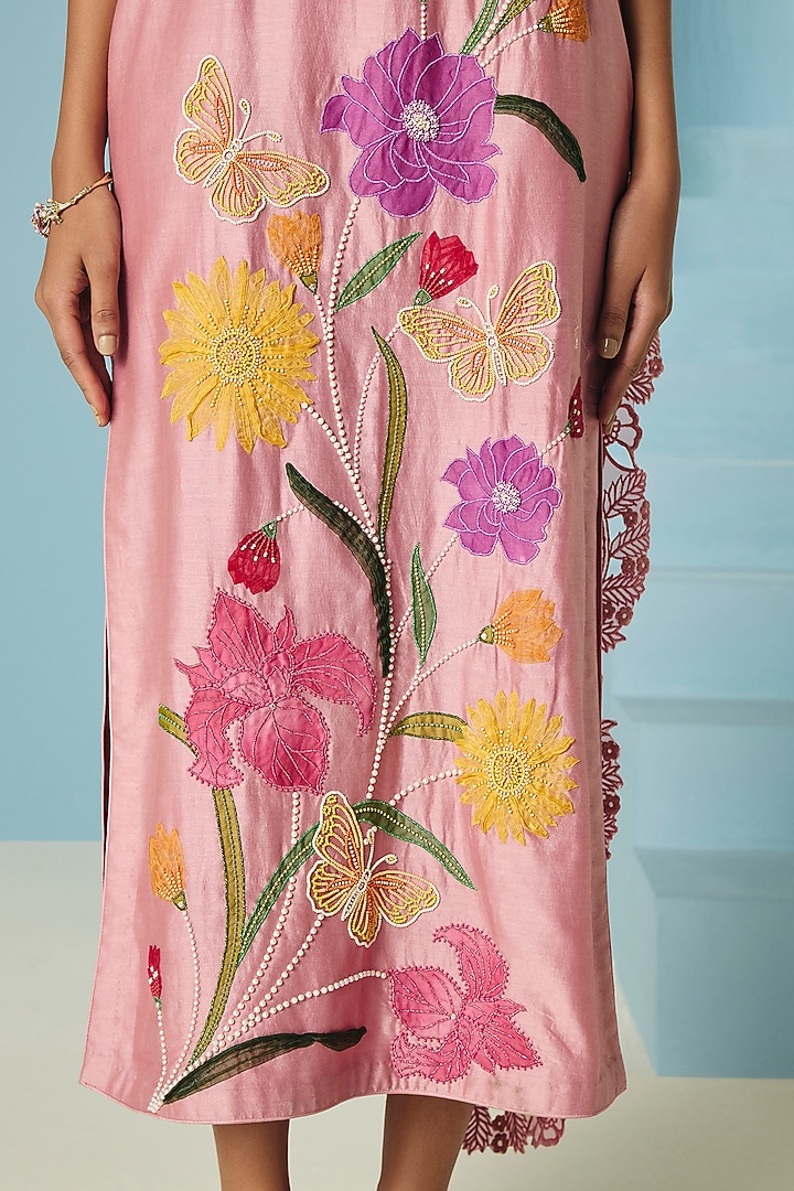Blush Pink Chanderi Floral Applique & Beadwork Cocktail Dress by Chandrima at Pernia's Pop Up Shop