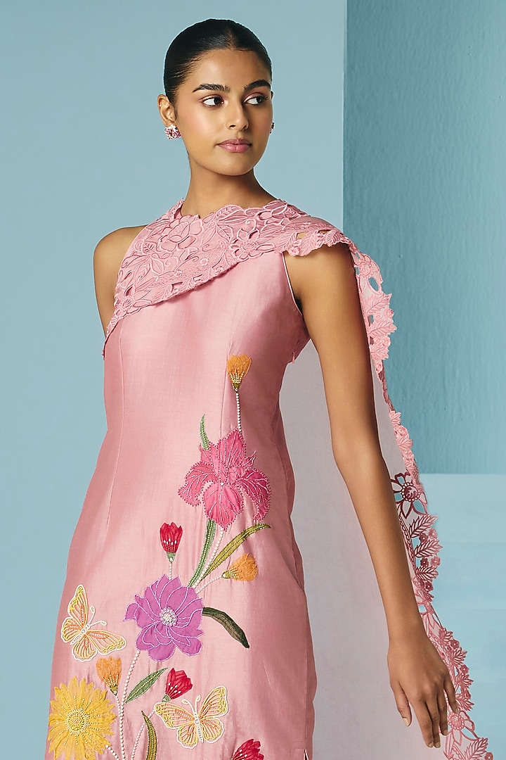 Blush Pink Chanderi Floral Applique & Beadwork Cocktail Dress by Chandrima at Pernia's Pop Up Shop