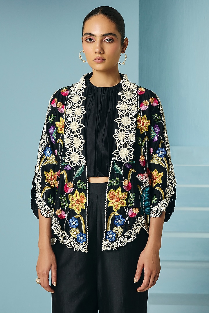 Black Chanderi Floral Foliage & Threadwork Jacket by Chandrima at Pernia's Pop Up Shop