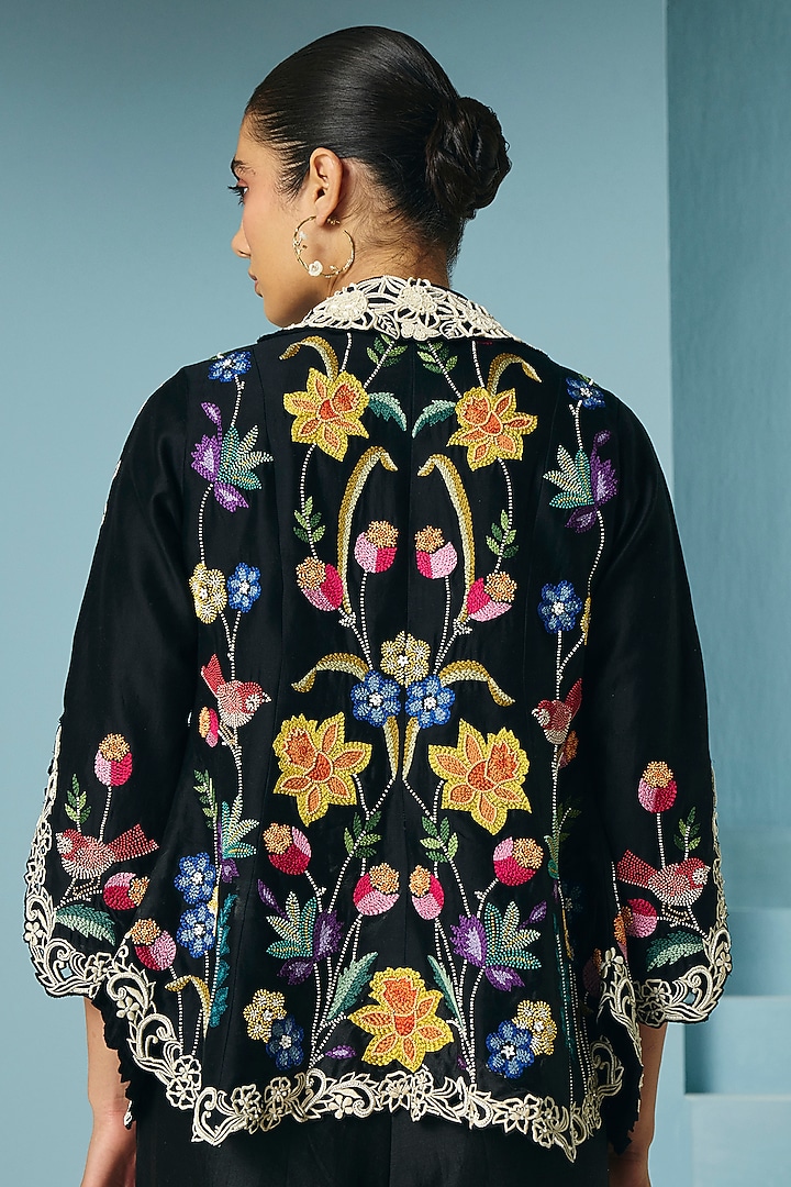 Black Chanderi Floral Foliage & Threadwork Jacket by Chandrima at Pernia's Pop Up Shop