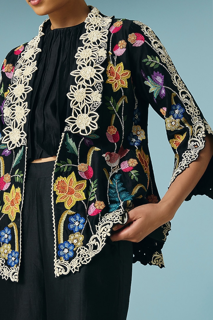 Black Chanderi Floral Foliage & Threadwork Jacket by Chandrima at Pernia's Pop Up Shop