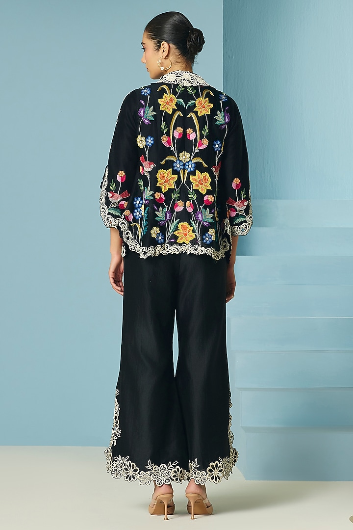 Black Chanderi Floral Foliage & Threadwork Jacket by Chandrima at Pernia's Pop Up Shop