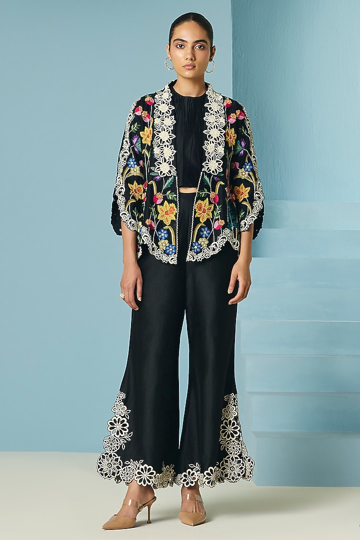 Black Chanderi Cutwork Bell Bottom Pants by Chandrima at Pernia's Pop Up Shop