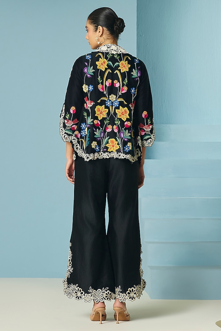 Black Chanderi Cutwork Bell Bottom Pants by Chandrima at Pernia's Pop Up Shop