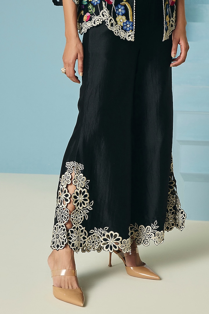 Black Chanderi Cutwork Bell Bottom Pants by Chandrima at Pernia's Pop Up Shop