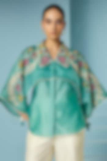 Aqua Chanderi Floral & Beadwork Layered Shirt by Chandrima at Pernia's Pop Up Shop