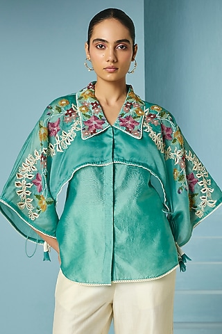 Aqua Chanderi Floral & Beadwork Layered Shirt by Chandrima