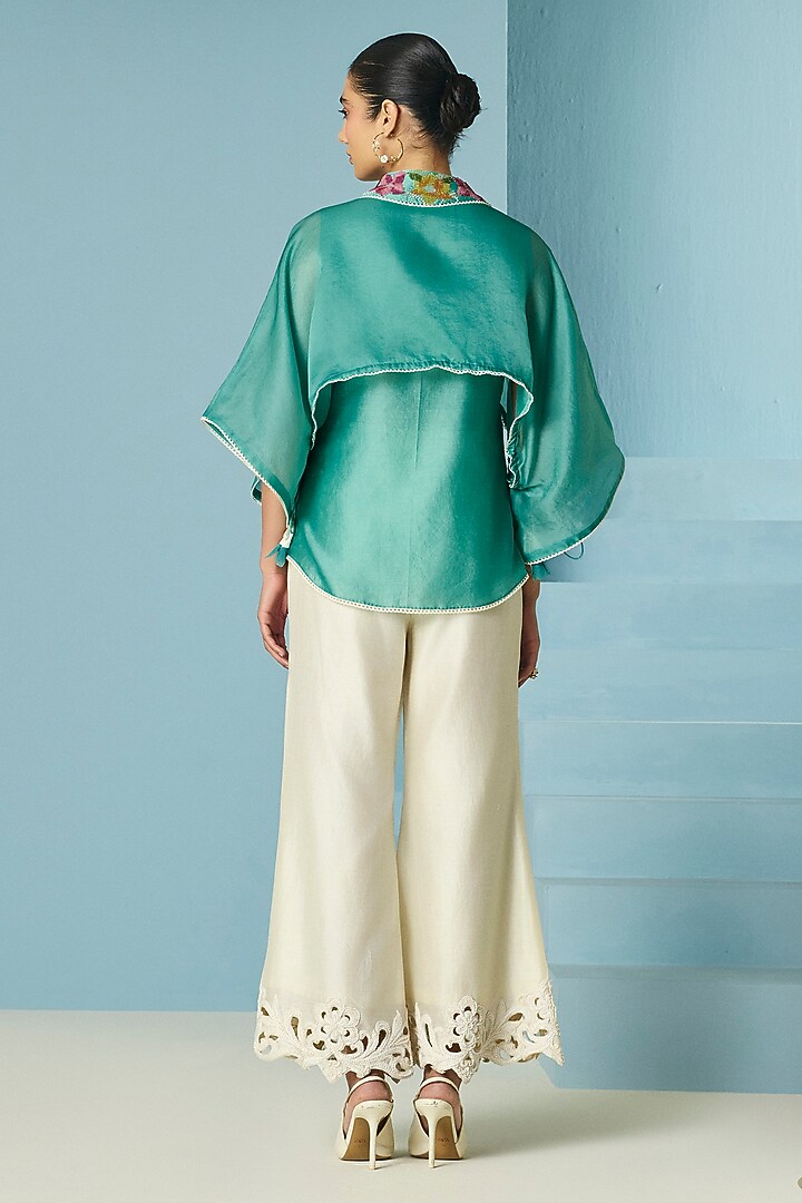 Aqua Chanderi Floral & Beadwork Layered Shirt by Chandrima at Pernia's Pop Up Shop