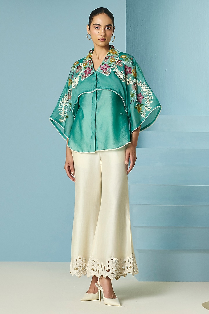 Aqua Chanderi Floral & Beadwork Layered Shirt by Chandrima at Pernia's Pop Up Shop