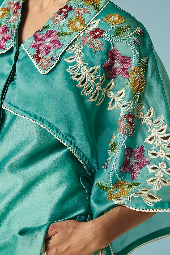 Aqua Chanderi Floral & Beadwork Layered Shirt by Chandrima at Pernia's Pop Up Shop