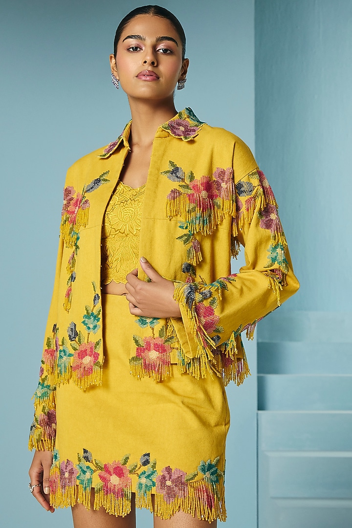 Mustard Cotton Twill Floral Beadwork Short Jacket by Chandrima at Pernia's Pop Up Shop