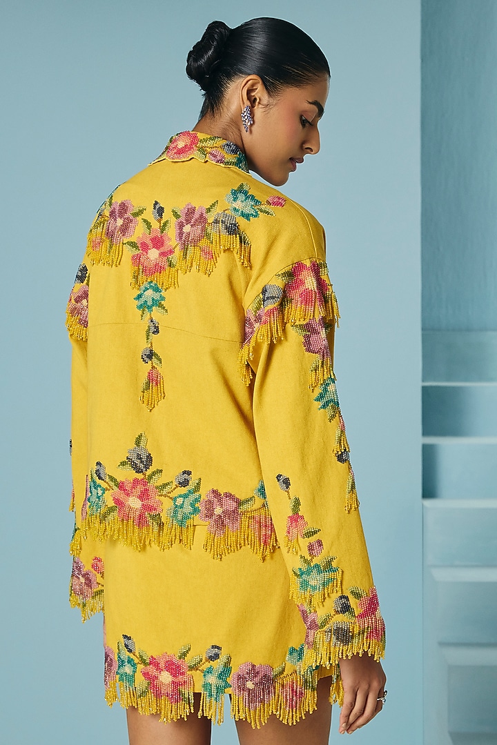 Mustard Cotton Twill Floral Beadwork Short Jacket by Chandrima at Pernia's Pop Up Shop