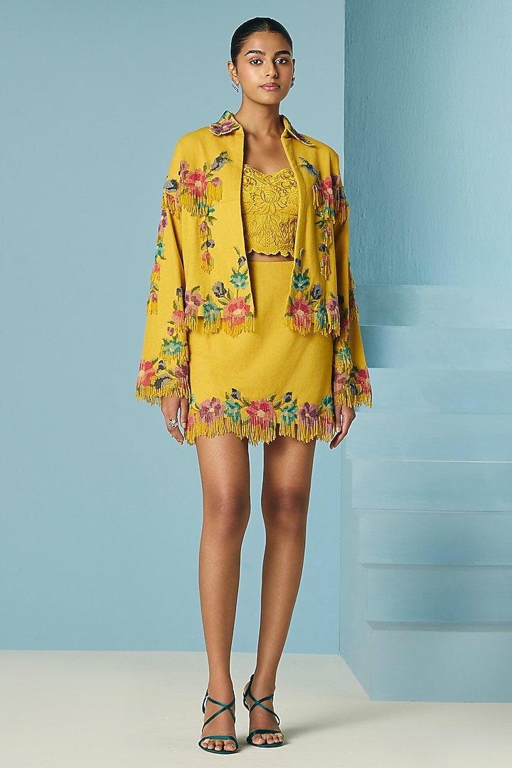 Mustard Cotton Twill Floral Beadwork Short Jacket by Chandrima at Pernia's Pop Up Shop