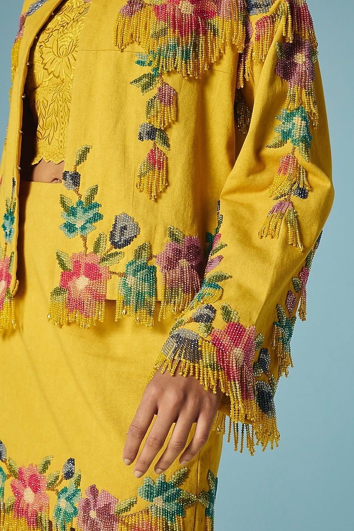 Mustard Cotton Twill Floral Beadwork Short Jacket by Chandrima at Pernia's Pop Up Shop