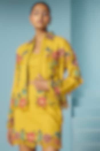 Mustard Cotton Twill Floral Beadwork Mini Skirt by Chandrima at Pernia's Pop Up Shop