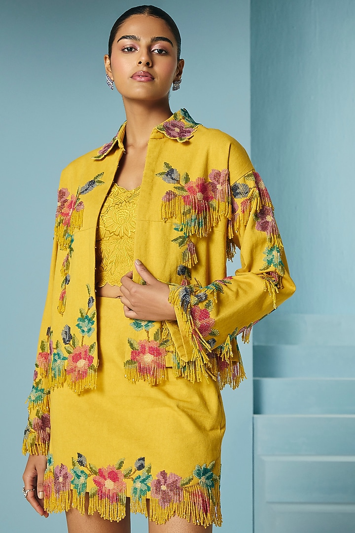 Mustard Cotton Twill Floral Beadwork Mini Skirt by Chandrima at Pernia's Pop Up Shop