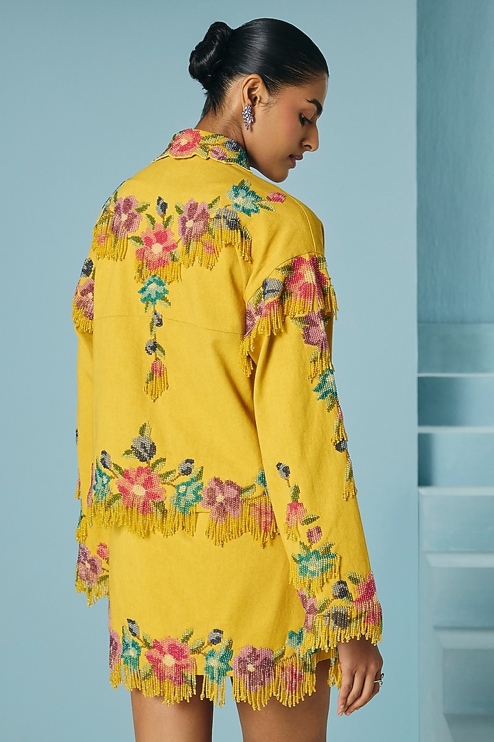 Mustard Cotton Twill Floral Beadwork Mini Skirt by Chandrima at Pernia's Pop Up Shop
