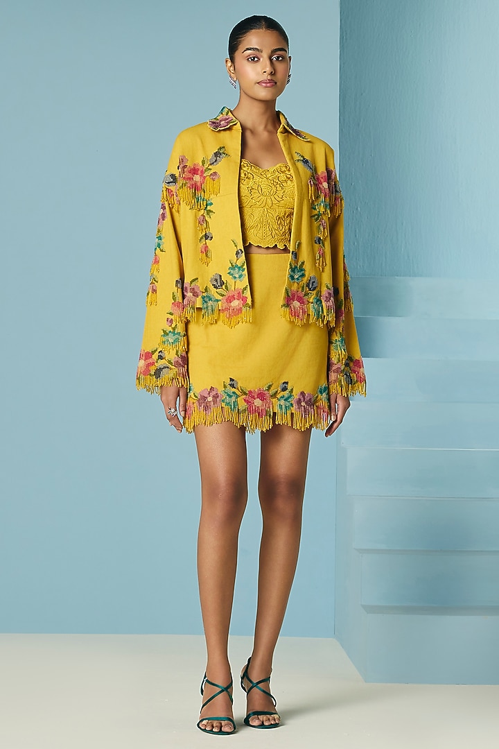 Mustard Cotton Twill Floral Beadwork Mini Skirt by Chandrima at Pernia's Pop Up Shop