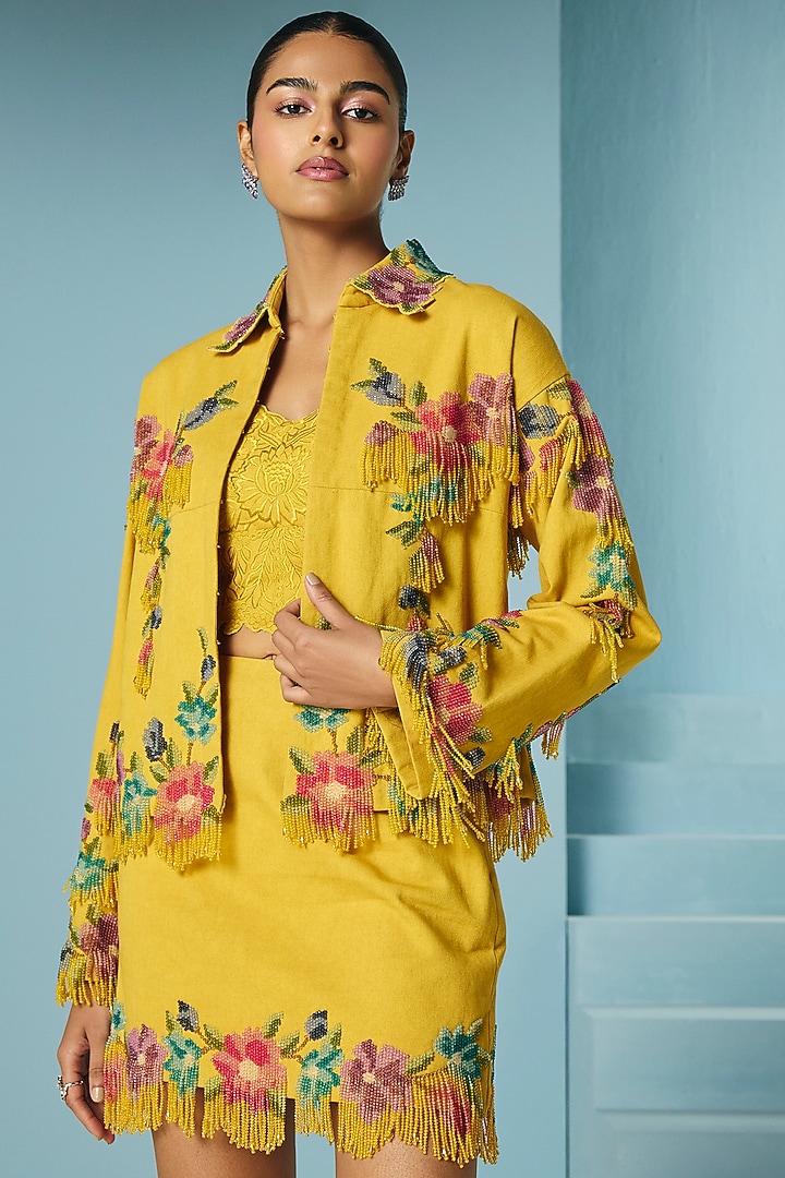 Mustard Cotton Twill Tonal Cutwork Bustier by Chandrima at Pernia's Pop Up Shop