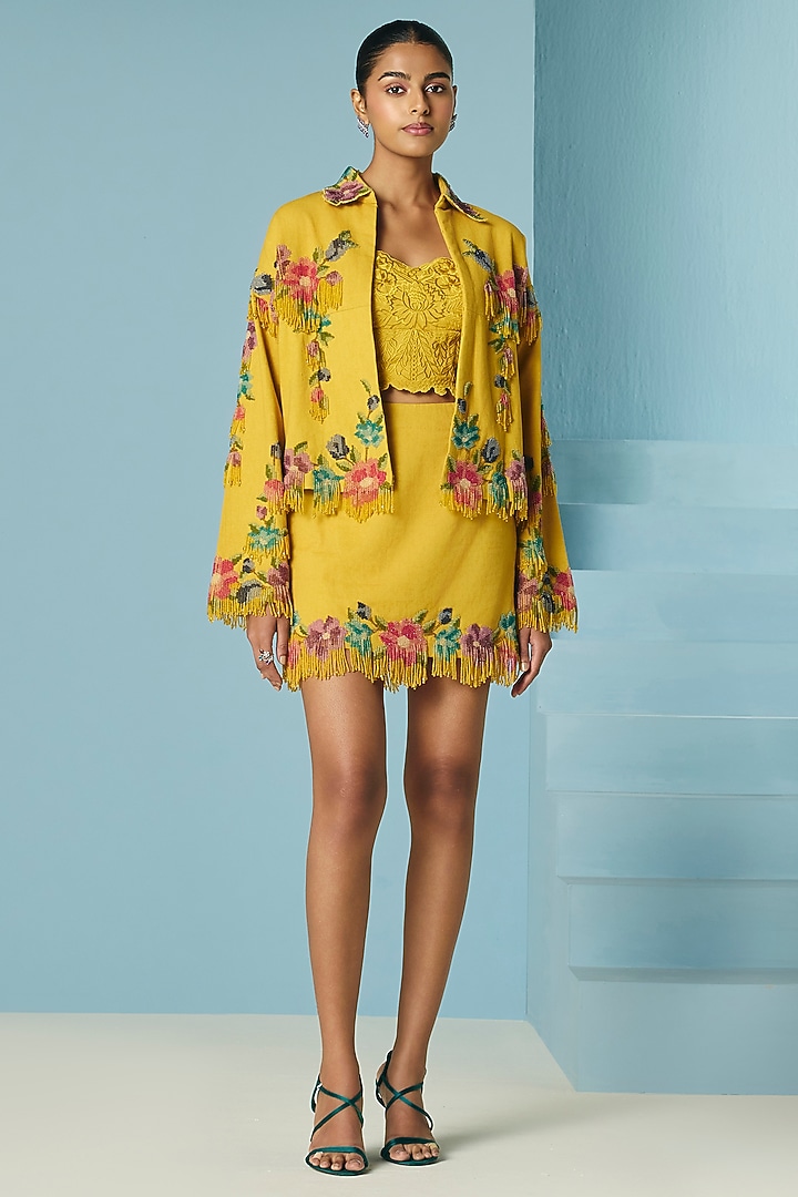 Mustard Cotton Twill Tonal Cutwork Bustier by Chandrima at Pernia's Pop Up Shop