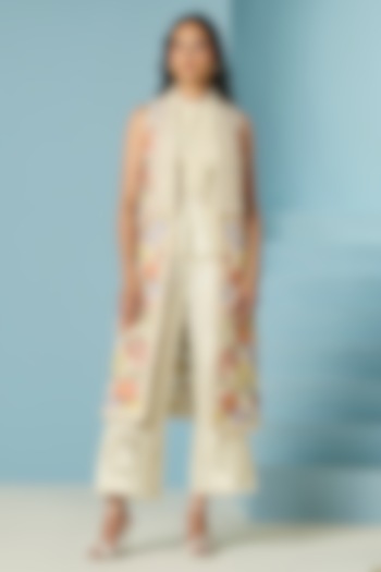 Ivory Chanderi Applique & Threadwork Long Jacket by Chandrima at Pernia's Pop Up Shop