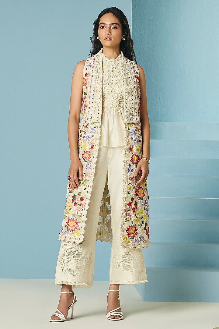 Ivory Chanderi Applique & Threadwork Long Jacket by Chandrima at Pernia's Pop Up Shop