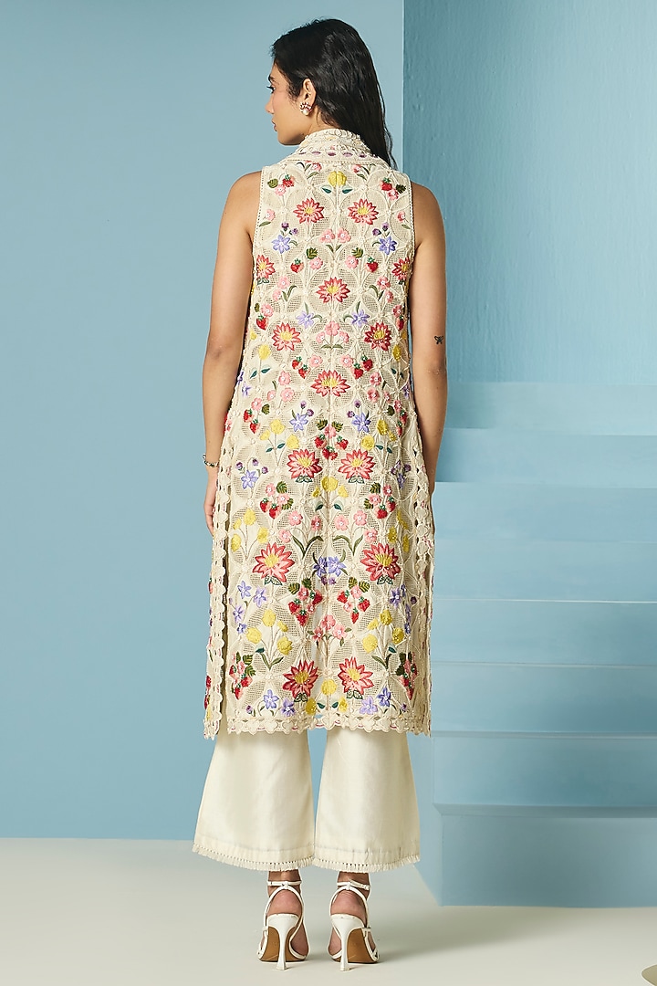 Ivory Chanderi Applique & Threadwork Long Jacket by Chandrima at Pernia's Pop Up Shop