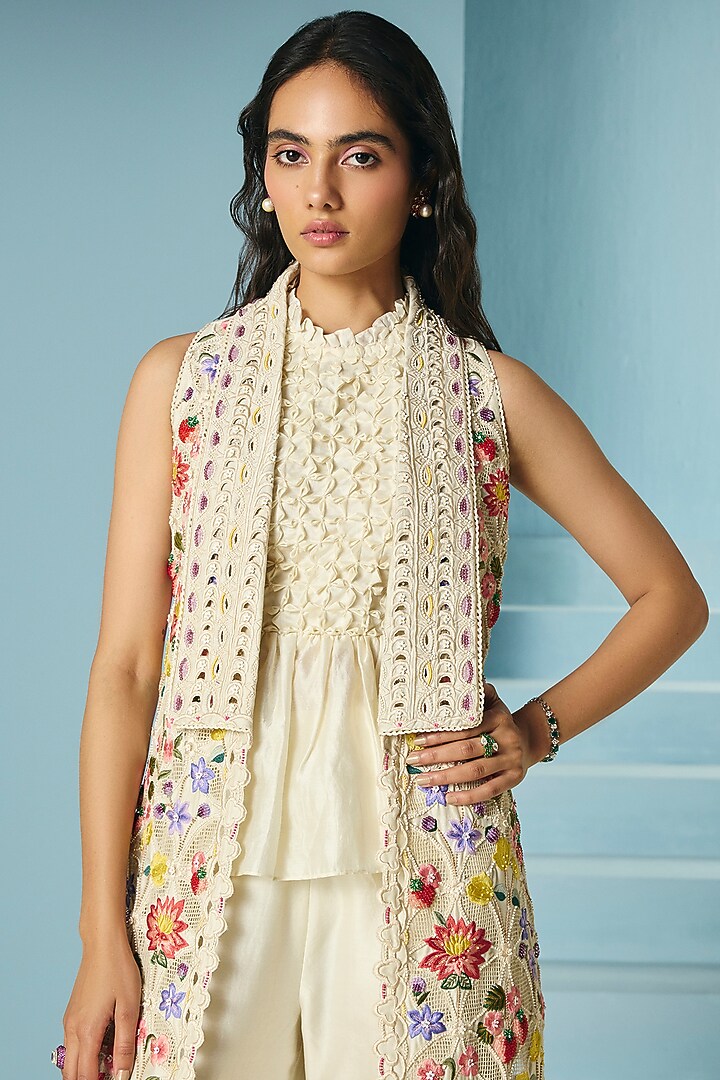 Ivory Chanderi Applique & Threadwork Long Jacket by Chandrima at Pernia's Pop Up Shop