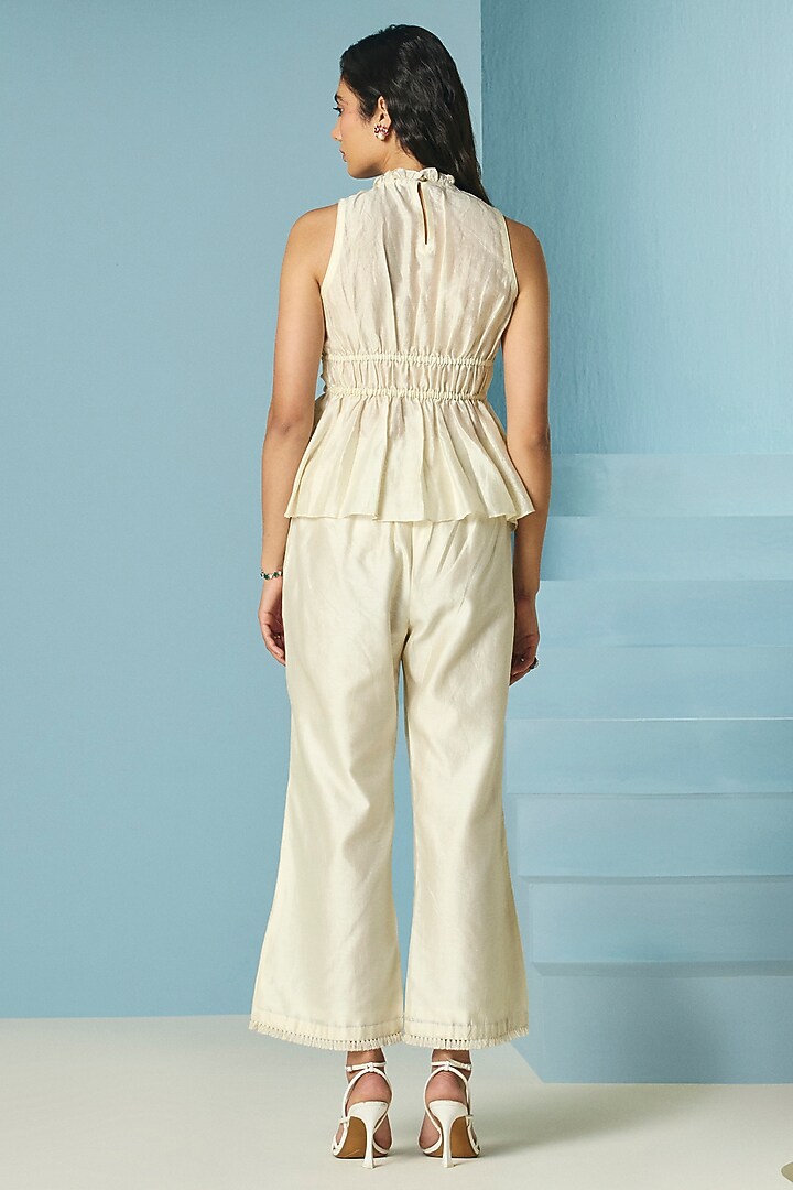 Ivory Chanderi Floral Applique Straight Pants by Chandrima at Pernia's Pop Up Shop