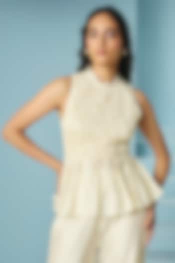 Ivory Chanderi Smocked Beaded Top by Chandrima at Pernia's Pop Up Shop