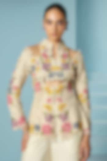 Ivory Chanderi Floral Beadwork Peplum Jacket by Chandrima at Pernia's Pop Up Shop