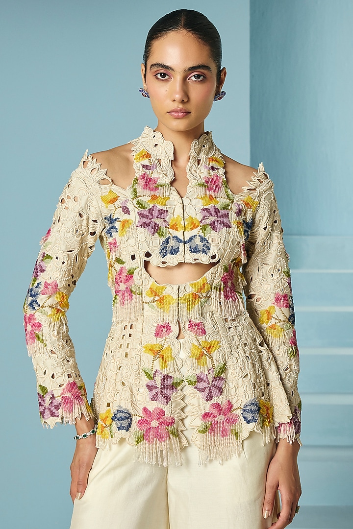 Ivory Chanderi Floral Beadwork Peplum Jacket by Chandrima at Pernia's Pop Up Shop