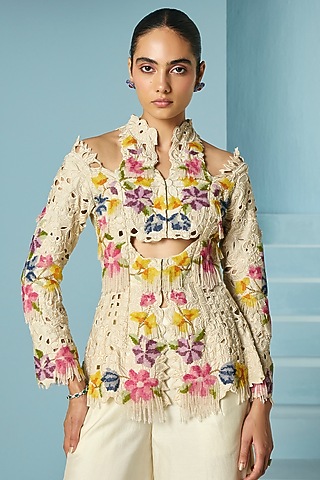 Ivory Chanderi Floral Beadwork Peplum Jacket by Chandrima