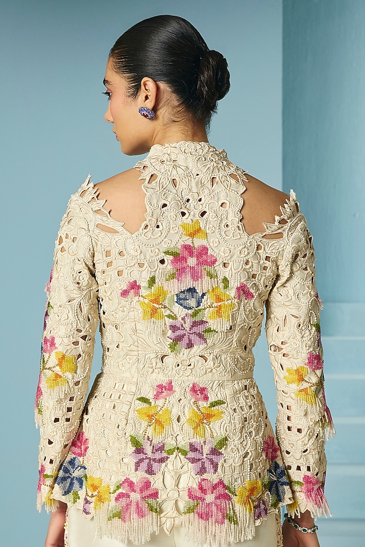 Ivory Chanderi Floral Beadwork Peplum Jacket by Chandrima at Pernia's Pop Up Shop