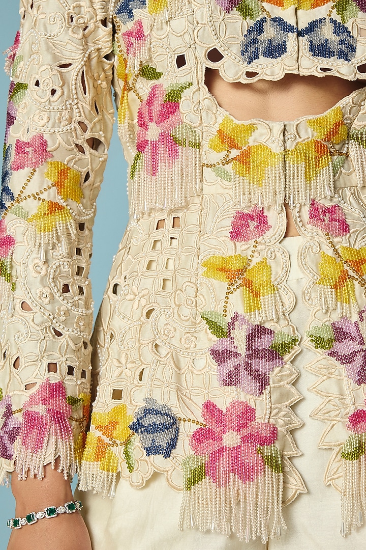 Ivory Chanderi Floral Beadwork Peplum Jacket by Chandrima at Pernia's Pop Up Shop