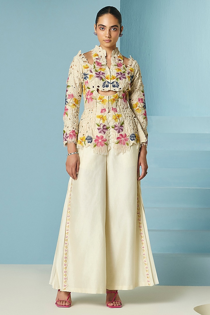 Ivory Chanderi Floral Beadwork Peplum Jacket by Chandrima at Pernia's Pop Up Shop