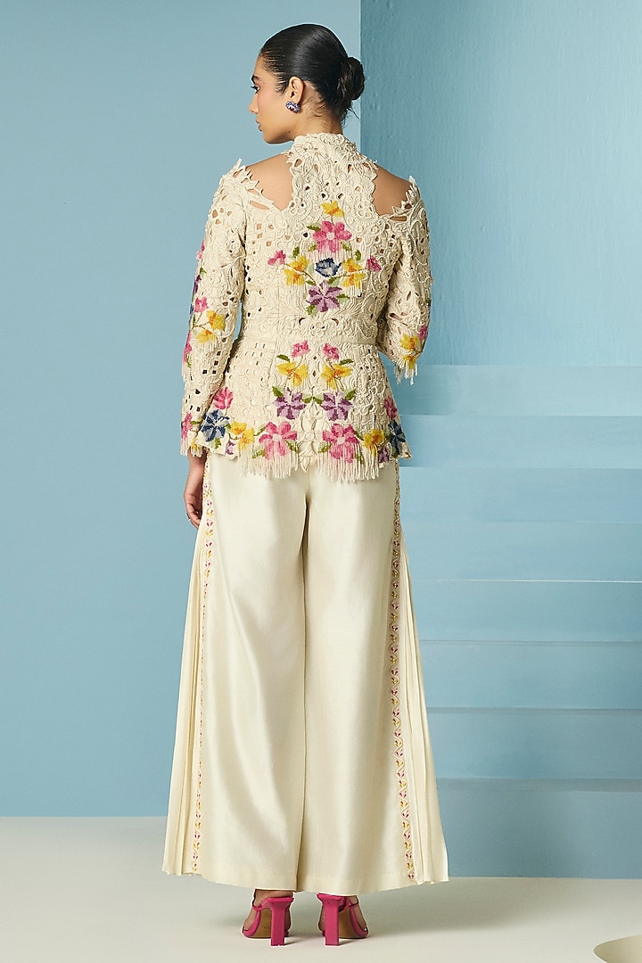 Ivory Chanderi Floral Beadwork Peplum Jacket by Chandrima at Pernia's Pop Up Shop