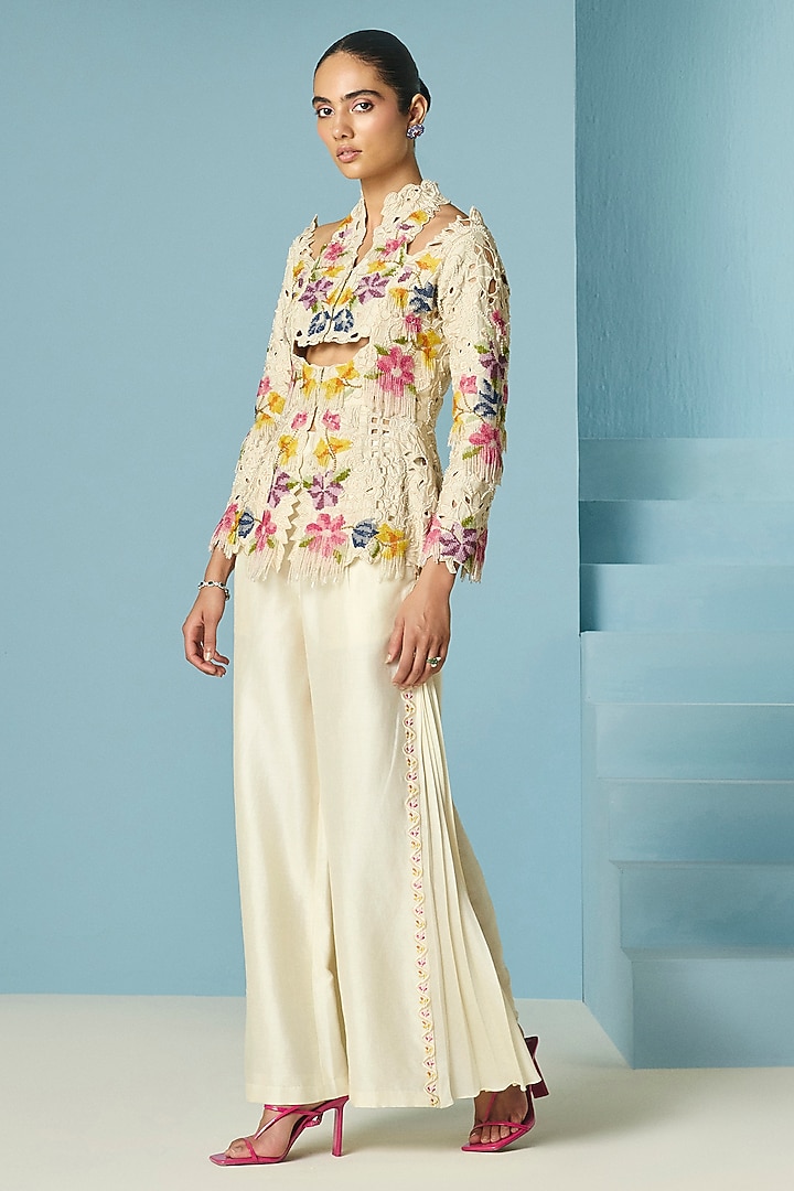 Ivory Chanderi Floral Beadwork Peplum Jacket by Chandrima at Pernia's Pop Up Shop