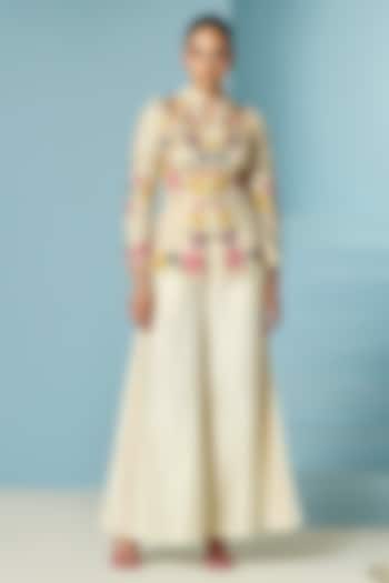 Ivory Chanderi Thread & Beadwork Flared Pants by Chandrima at Pernia's Pop Up Shop