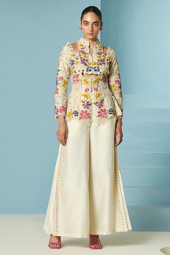 Ivory Chanderi Thread & Beadwork Flared Pants by Chandrima at Pernia's Pop Up Shop