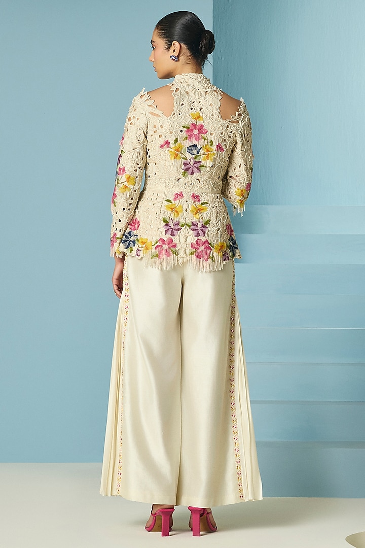 Ivory Chanderi Thread & Beadwork Flared Pants by Chandrima at Pernia's Pop Up Shop