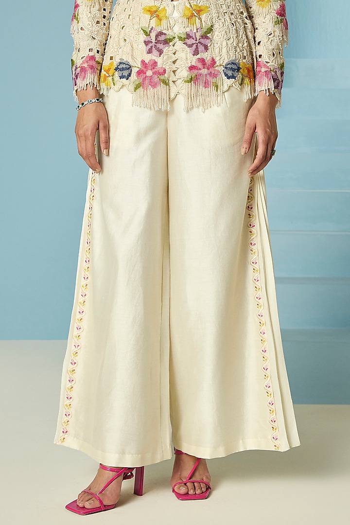 Ivory Chanderi Thread & Beadwork Flared Pants by Chandrima at Pernia's Pop Up Shop