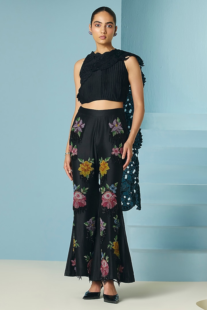 Black Chanderi Cutwork Drape Top by Chandrima at Pernia's Pop Up Shop