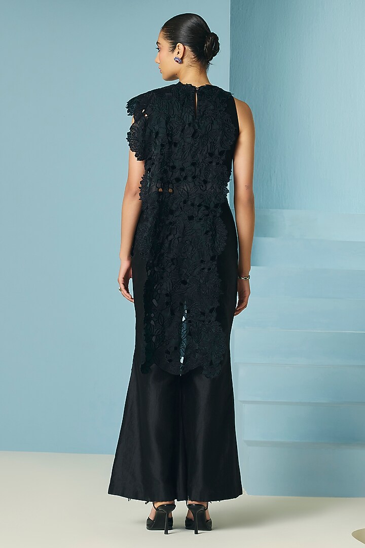 Black Chanderi Cutwork Drape Top by Chandrima at Pernia's Pop Up Shop