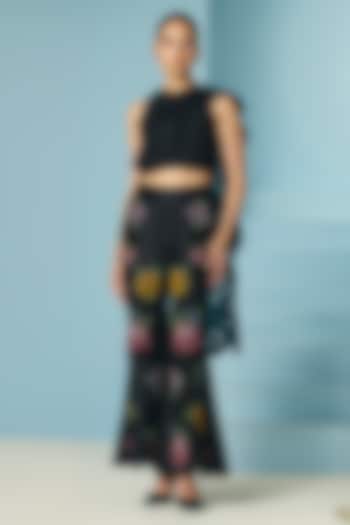 Black Chanderi Beadwork Flared Pants by Chandrima at Pernia's Pop Up Shop
