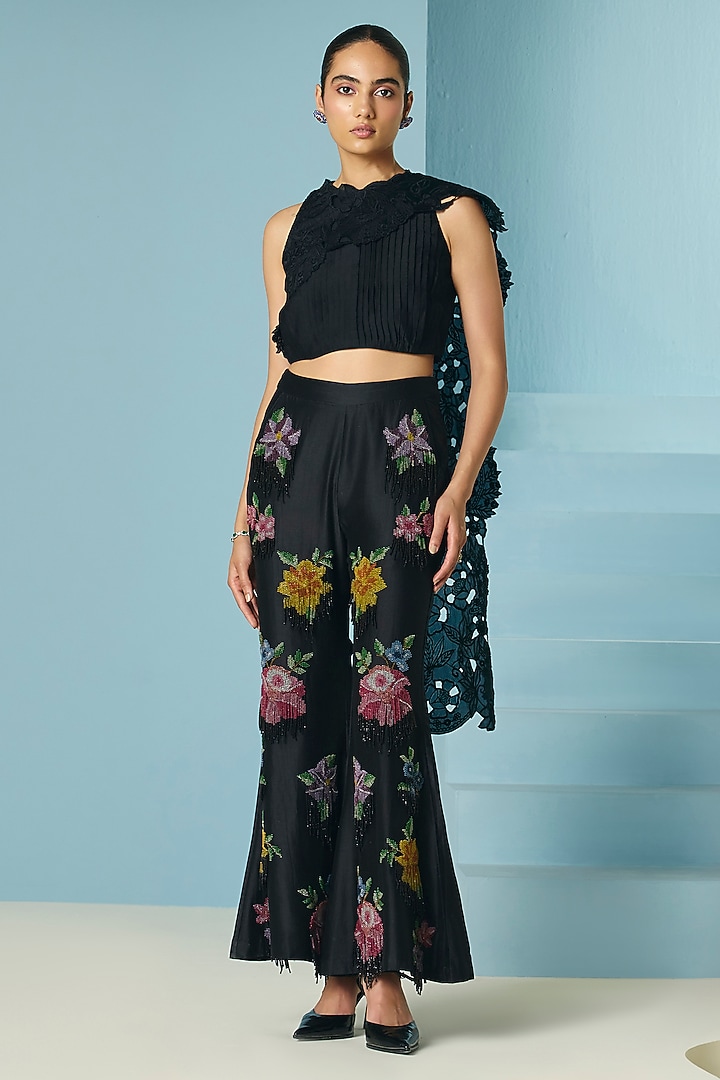 Black Chanderi Beadwork Flared Pants by Chandrima at Pernia's Pop Up Shop