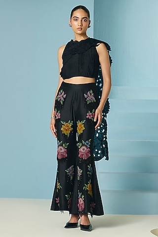 Black Chanderi Beadwork Flared Pants by Chandrima