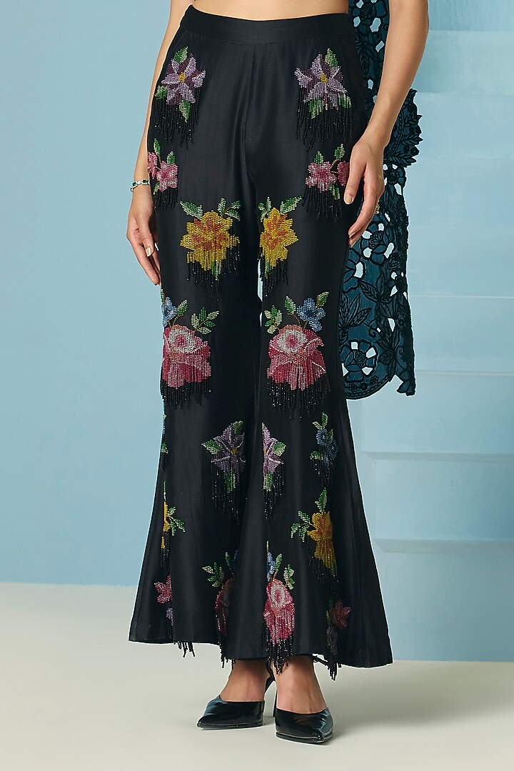 Black Chanderi Beadwork Flared Pants by Chandrima at Pernia's Pop Up Shop