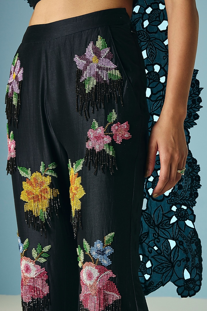 Black Chanderi Beadwork Flared Pants by Chandrima at Pernia's Pop Up Shop